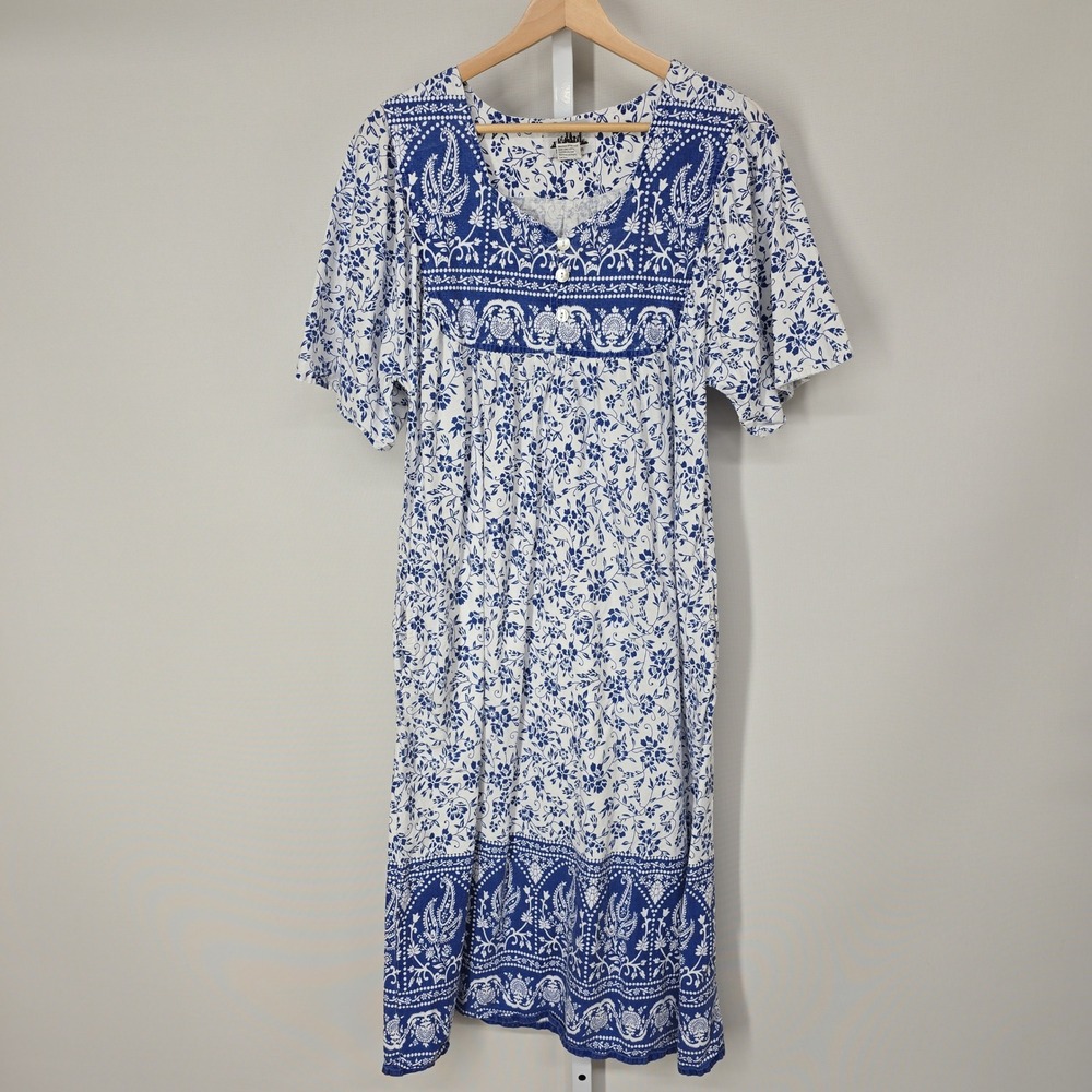 Metropolitan Blue White Floral Paisley Cotton Muu Muu House Dress Womens Medium‎